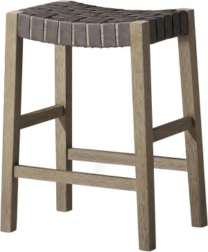 Maven Lane 26" Emerson Counter Height Stool - Weathered Grey Wood Finish & Avanti Bone Vegan Leather Counter Stools - Artisan Backless Design Brings Rustic Elegance to Your Kitchen, Dining Area