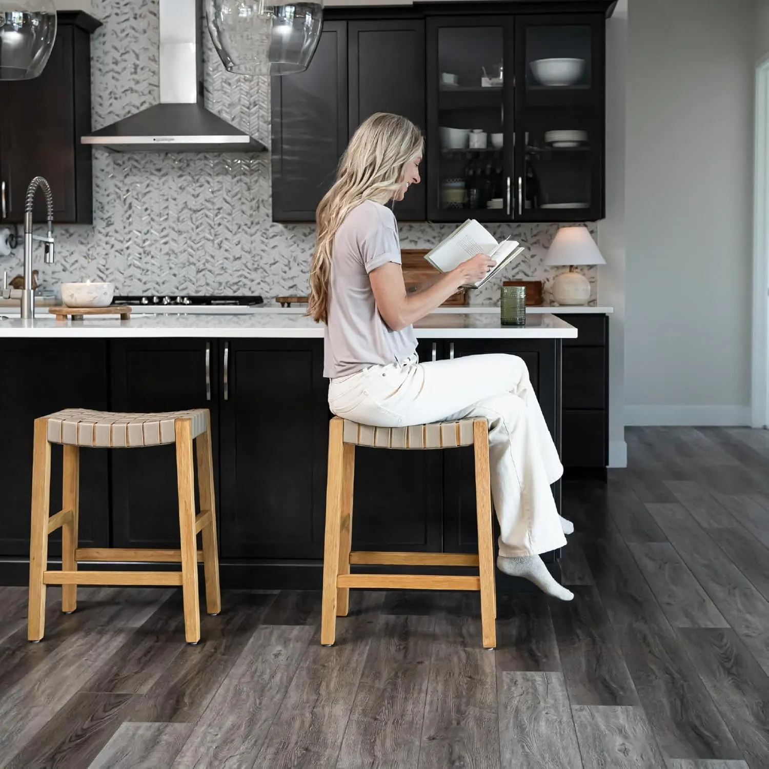 Maven Lane 26" Emerson Counter Height Stool - Weathered Natural Wood Finish & Avanti Bone Vegan Leather Counter Stools - Artisan Backless Design Brings Rustic Elegance to Your Kitchen, Dining Area