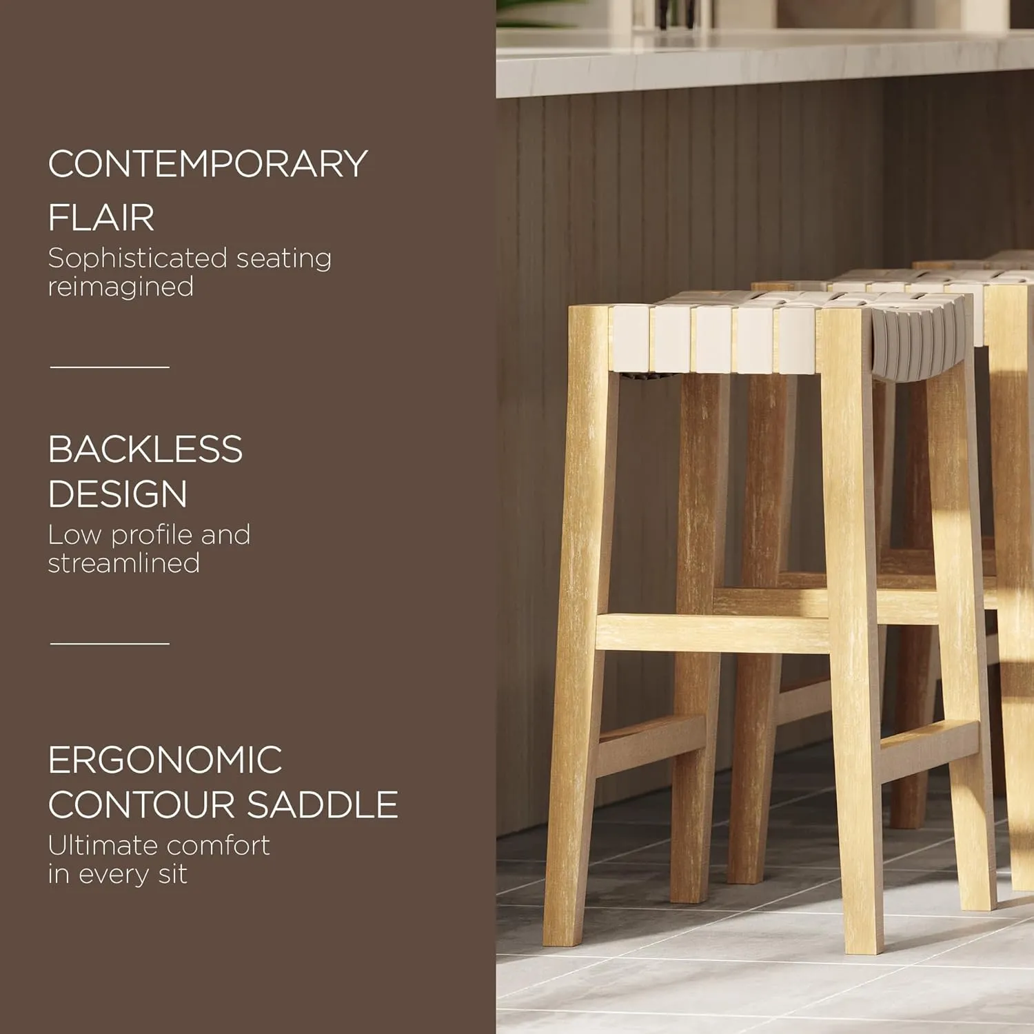 Maven Lane 26" Emerson Counter Height Stool - Weathered Natural Wood Finish & Avanti Bone Vegan Leather Counter Stools - Artisan Backless Design Brings Rustic Elegance to Your Kitchen, Dining Area