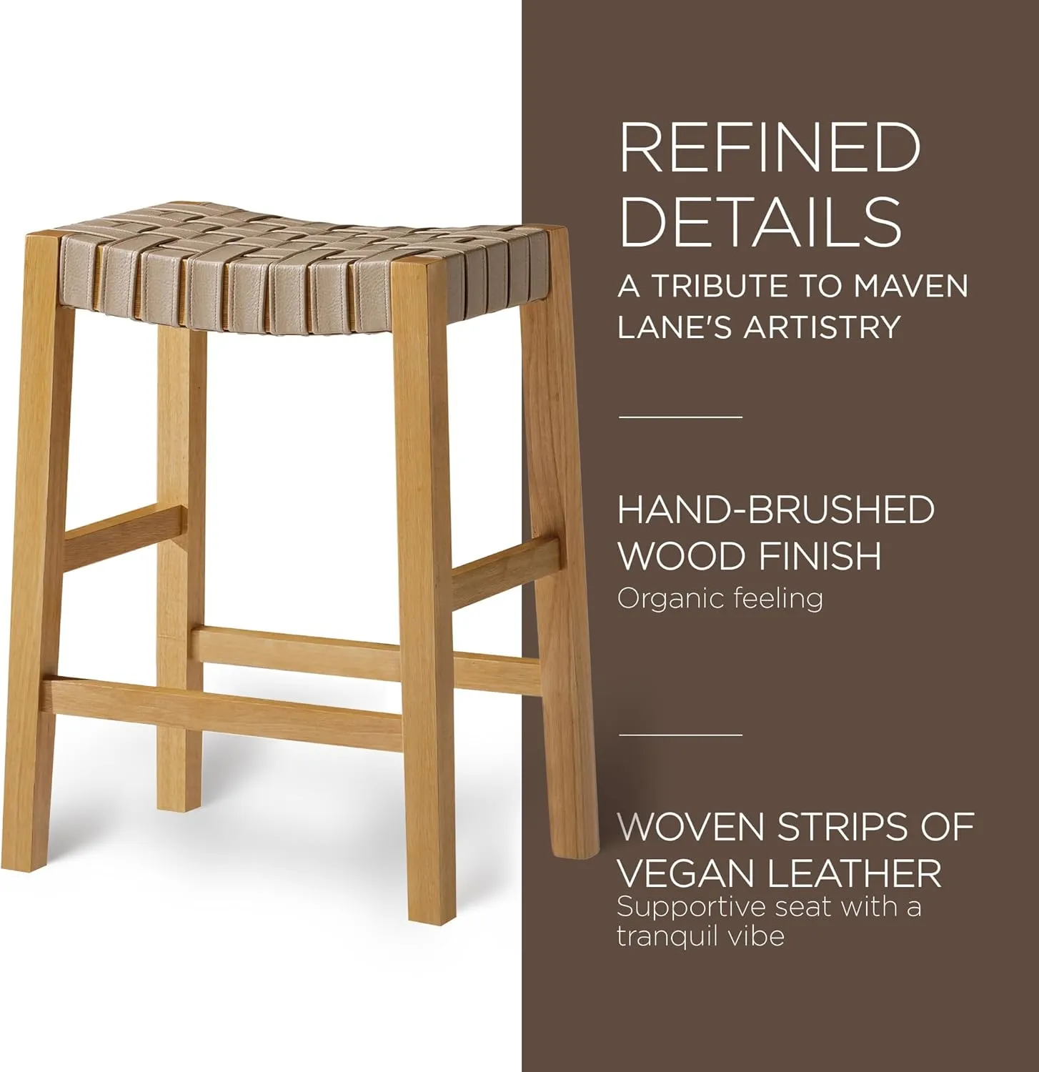 Maven Lane 26" Emerson Counter Height Stool - Weathered Natural Wood Finish & Avanti Bone Vegan Leather Counter Stools - Artisan Backless Design Brings Rustic Elegance to Your Kitchen, Dining Area
