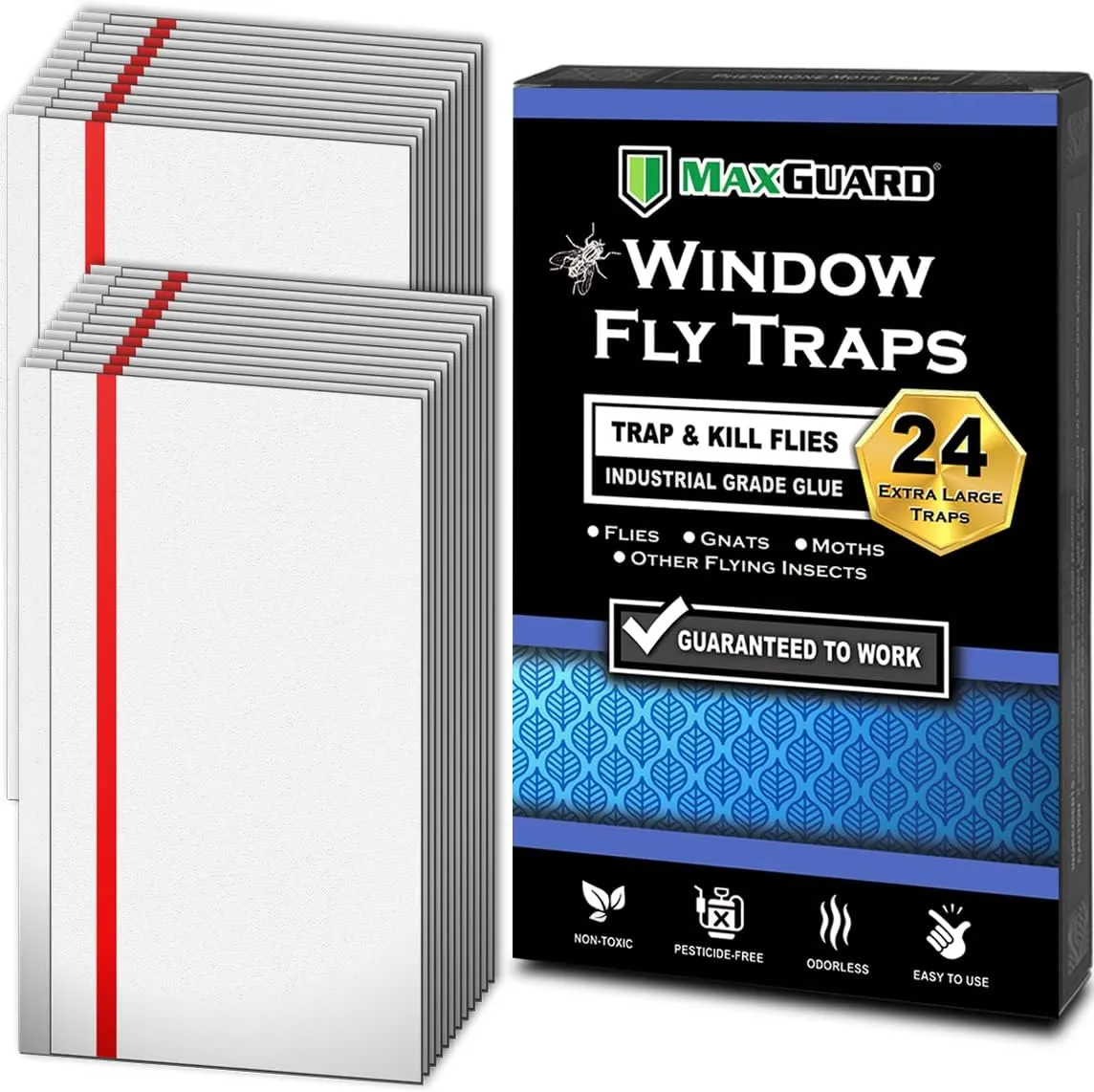 MaxGuard Window Fly Traps (24 XL Traps) Catch & Kill Houseflies, Flying Insects & Bugs. Non-Toxic Sticky Glue Traps Fly Killer Clear Strip Insect Catcher Safe No Zapping with Zapper |