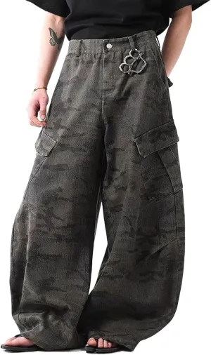Men's Baggy Jeans Camouflage Barrel Leg Denim Cargo Pants Casual Loose Wide Leg Skater Denim Pants with Big Pockets