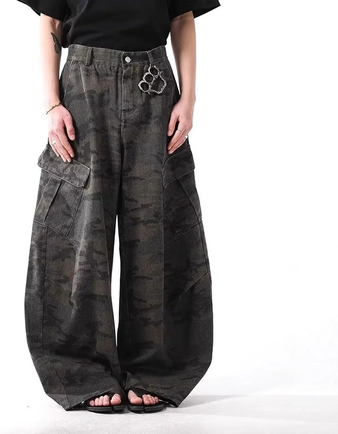 Men's Baggy Jeans Camouflage Barrel Leg Denim Cargo Pants Casual Loose Wide Leg Skater Denim Pants with Big Pockets