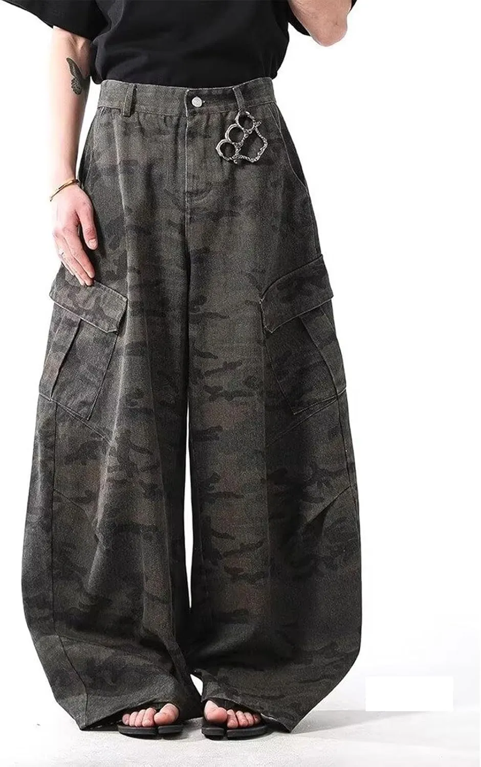 Men's Baggy Jeans Camouflage Barrel Leg Denim Cargo Pants Casual Loose Wide Leg Skater Denim Pants with Big Pockets