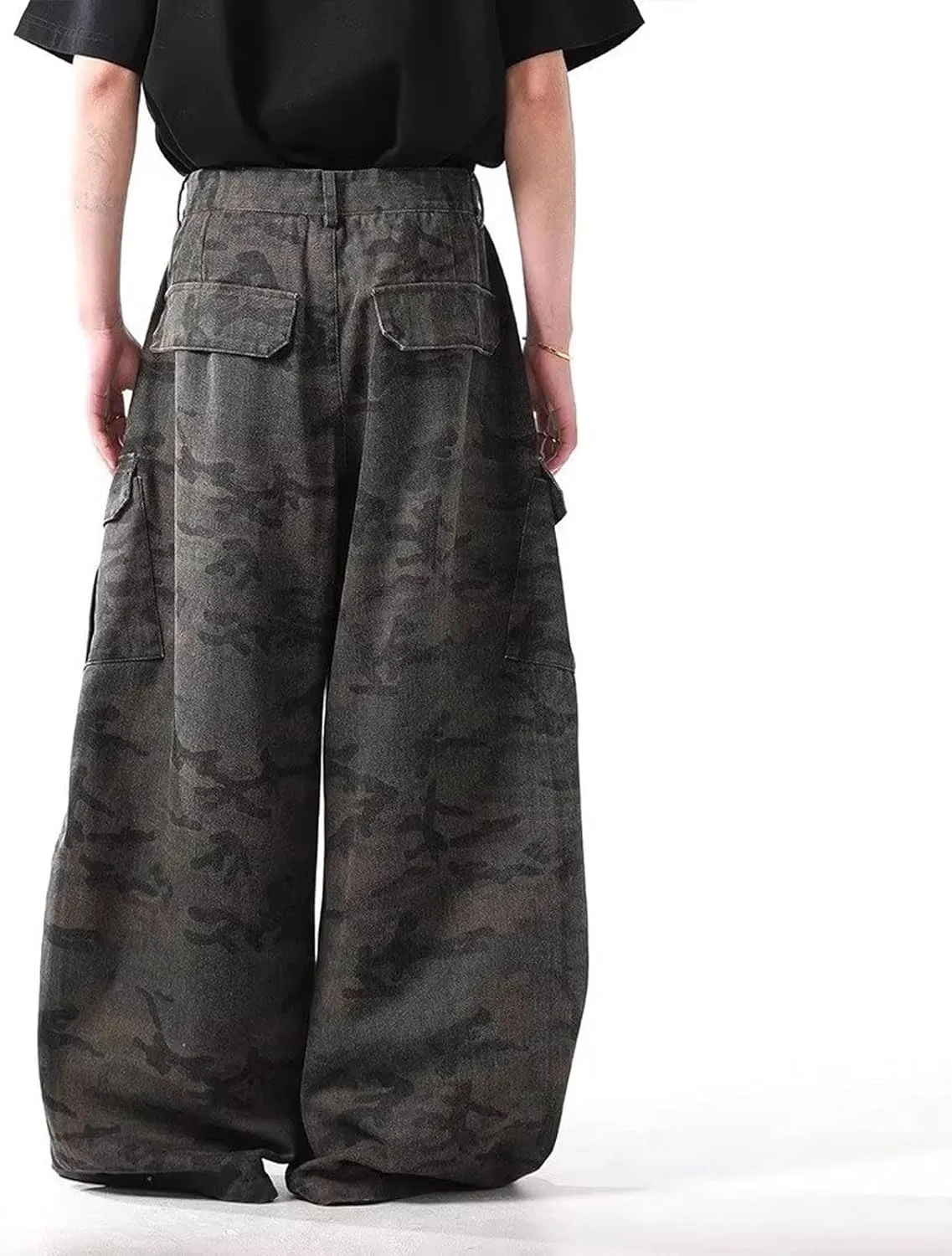 Men's Baggy Jeans Camouflage Barrel Leg Denim Cargo Pants Casual Loose Wide Leg Skater Denim Pants with Big Pockets