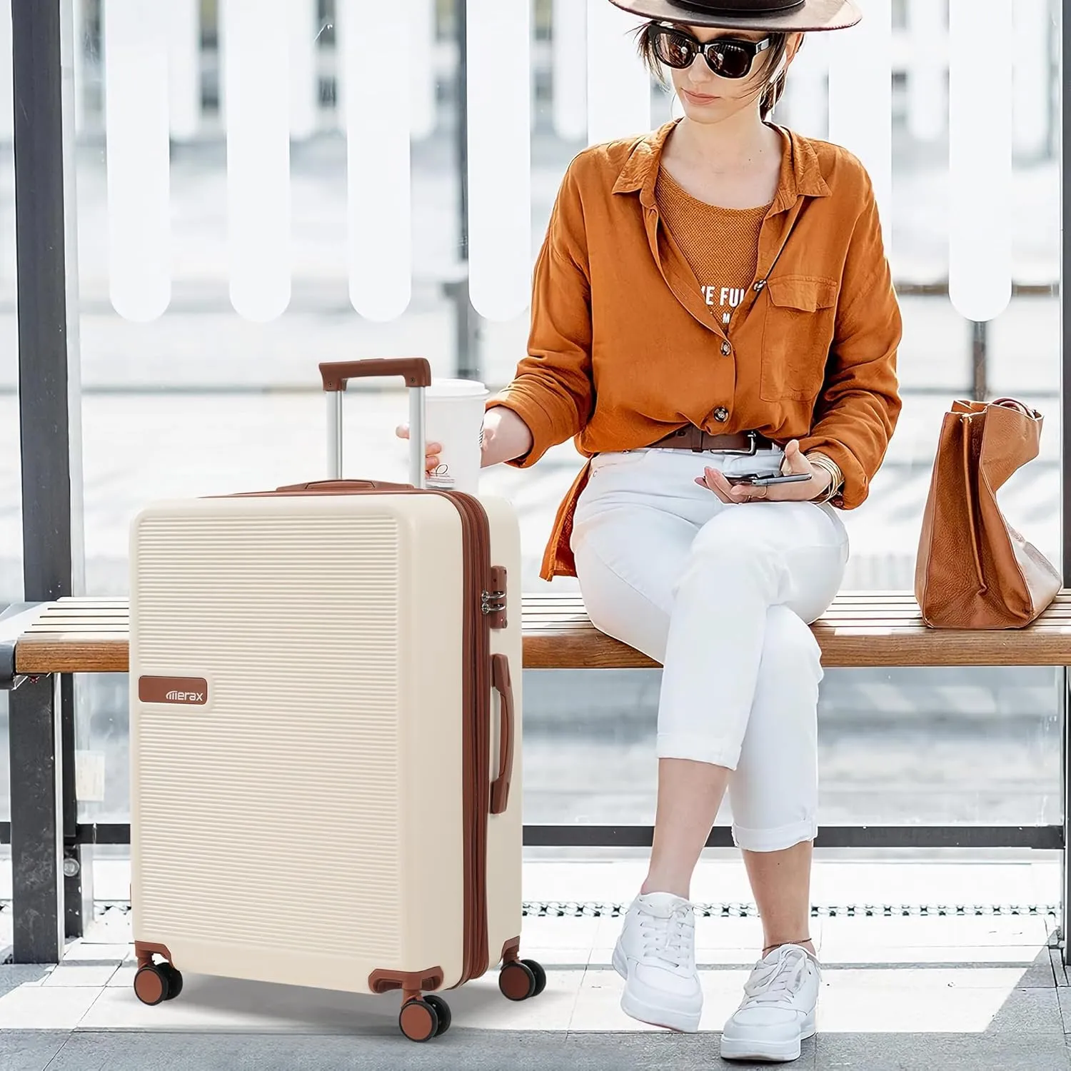 Merax Luggage Set, 3 Piece Luggage with Hardcase Expandable Spinner Wheels, Carry on Suitcase Airline Approved, Beige and Brown