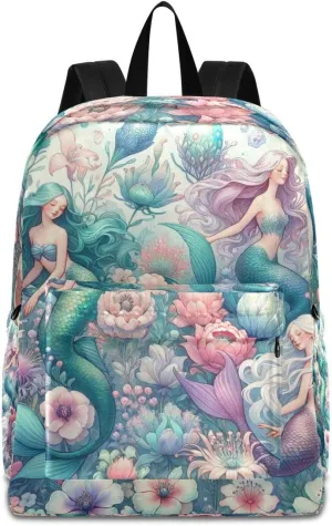 Mermaid Girls and An Array Of Delicate Flowers Backpack, Travel Rucksack Lightweight School Bookbag Daypack for Adults Teen Students Boys Girls