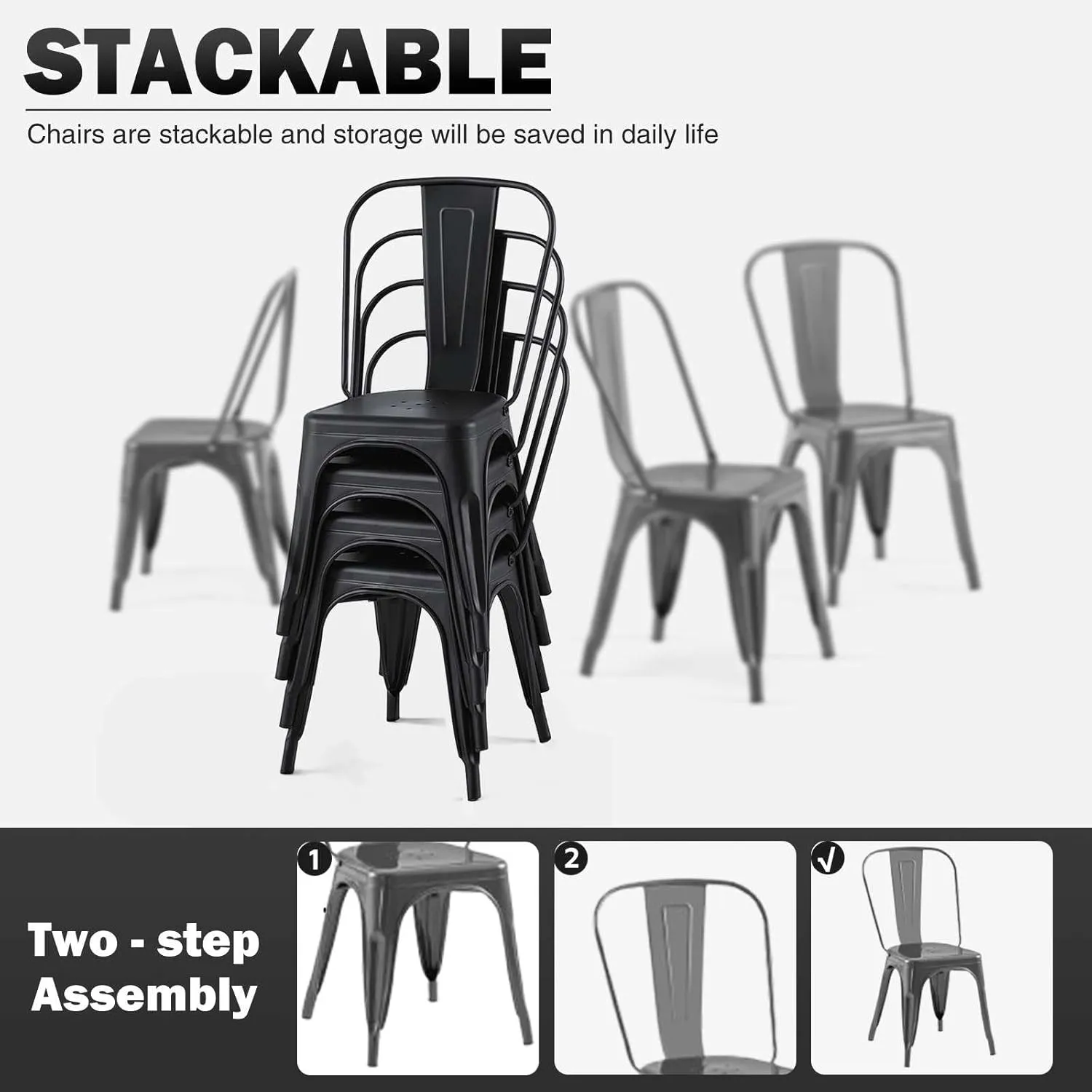 Metal Kitchen Chairs Set of 4 Industrial Stackable Tolix Metal Chairsfor Kitchen Dining Rooms Cafes Restaurant Indoor Outdoor Deepspace Grey Color