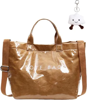 Micmores PVC Tote Bag for Women Letters Print Large Kraft Paper Handbag Top Handle Clear Hobo Crossbody Bag for Work Travel