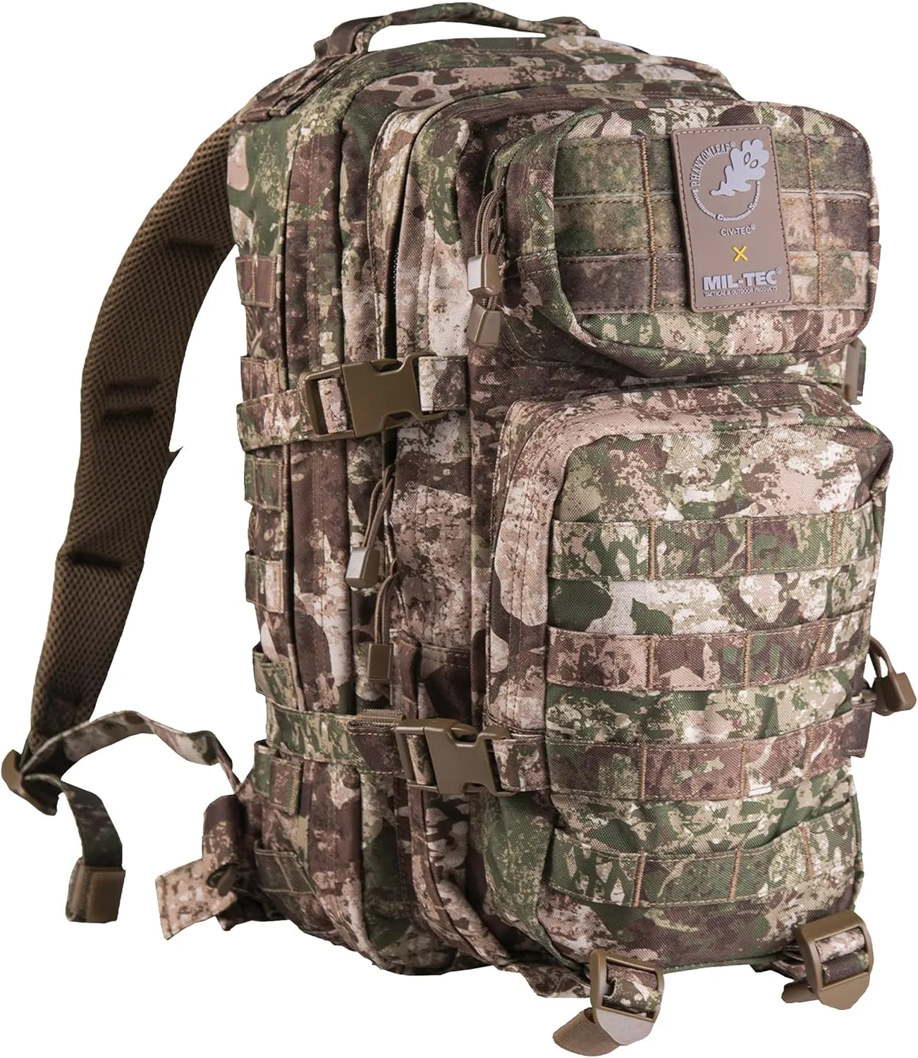Mil-Tec Unisex Assault Pack - Rugged Durable Lightweight Ergonomic Versatile Tactical Outdoor Camping Hiking Backpack with Adjustable Padded Shoulder Straps & MOLLE Loops, Phantomleaf WASP I Z2, 20L