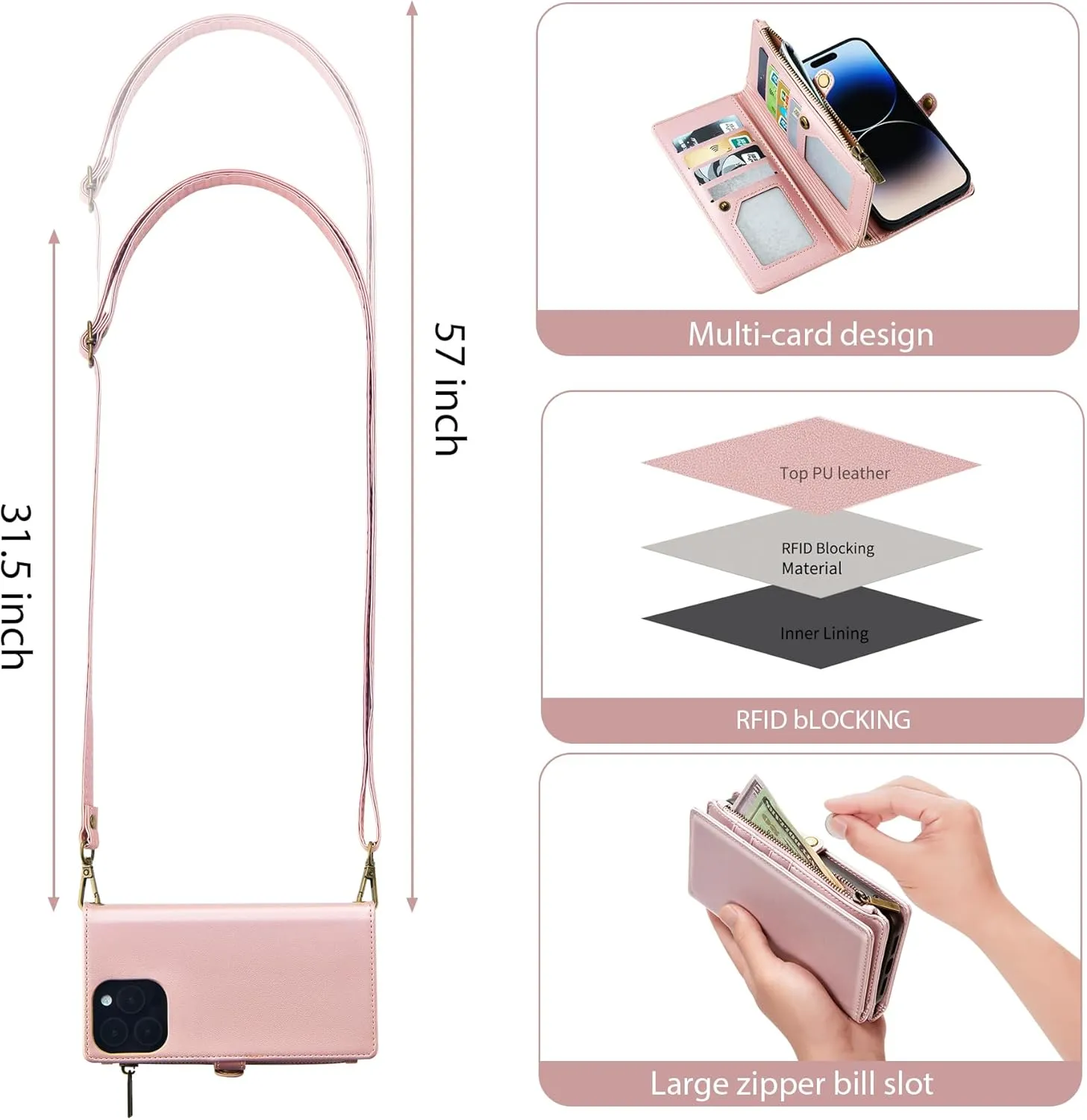 MInCYB for iPhone 15 Pro Wallet Case with Card Holder (12 Card Slots) - PU Leather Case for Women & Men, Wireless Charging, Detachable Magnetic, Crossbody Strap, Shockproof Protective Phone Case.
