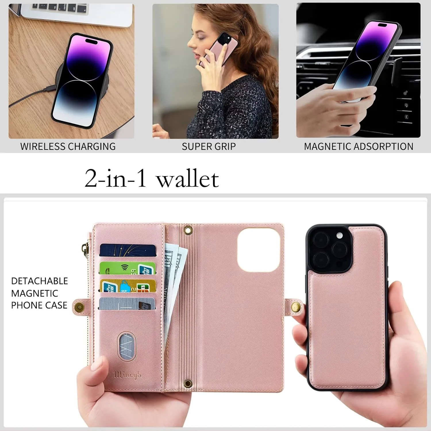 MInCYB for iPhone 15 Pro Wallet Case with Card Holder (12 Card Slots) - PU Leather Case for Women & Men, Wireless Charging, Detachable Magnetic, Crossbody Strap, Shockproof Protective Phone Case.