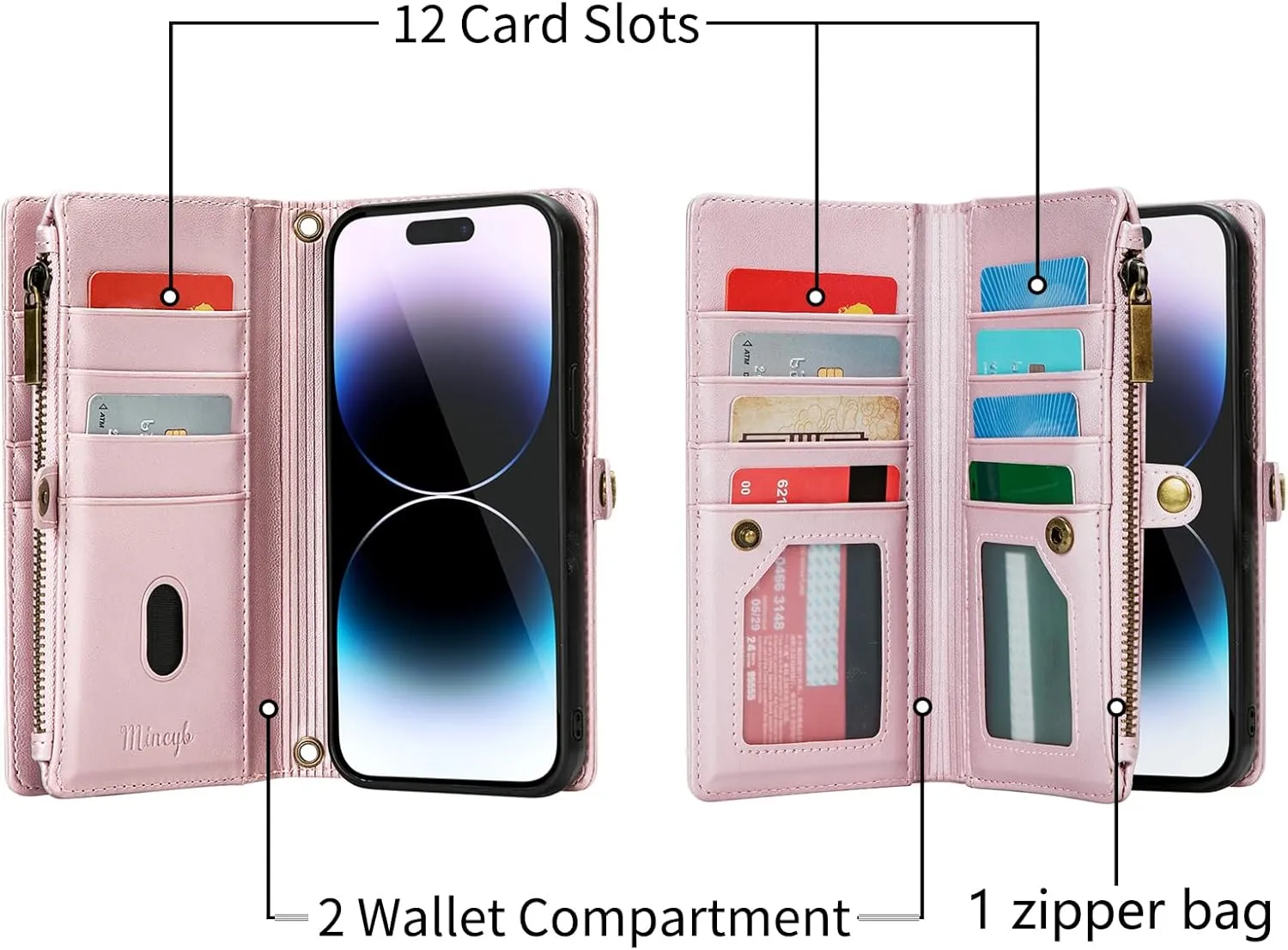MInCYB for iPhone 15 Pro Wallet Case with Card Holder (12 Card Slots) - PU Leather Case for Women & Men, Wireless Charging, Detachable Magnetic, Crossbody Strap, Shockproof Protective Phone Case.
