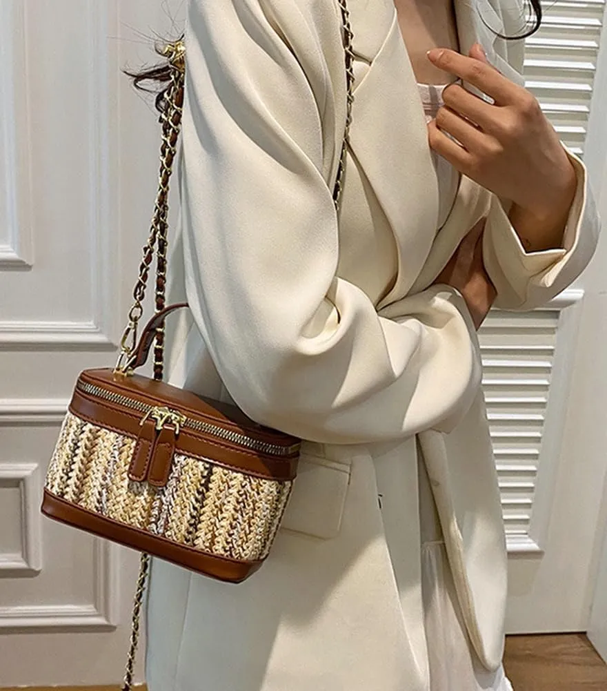 Mini Straw Top Handle Handbag Chic Women’s Color Blocked Shoulder Bag Summer PU Chain Purse Travel Beach Cross-body Bag