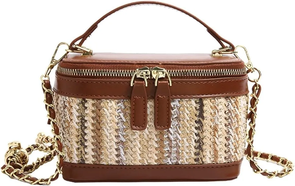 Mini Straw Top Handle Handbag Chic Women’s Color Blocked Shoulder Bag Summer PU Chain Purse Travel Beach Cross-body Bag