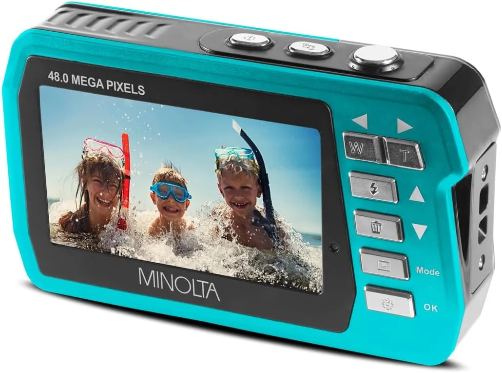 Minolta MN40WP 48MP Waterproof Digital Camera – Dual LCD Screens, 2.7K QHD Video, 16x Digital Zoom, Anti-Shake, Face Detection, 10ft Waterproof (Blue​)