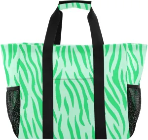 Mint Green Tigers Fur Texture Utility Totes Collapsable With Pockets with Handles Large Beach Bag