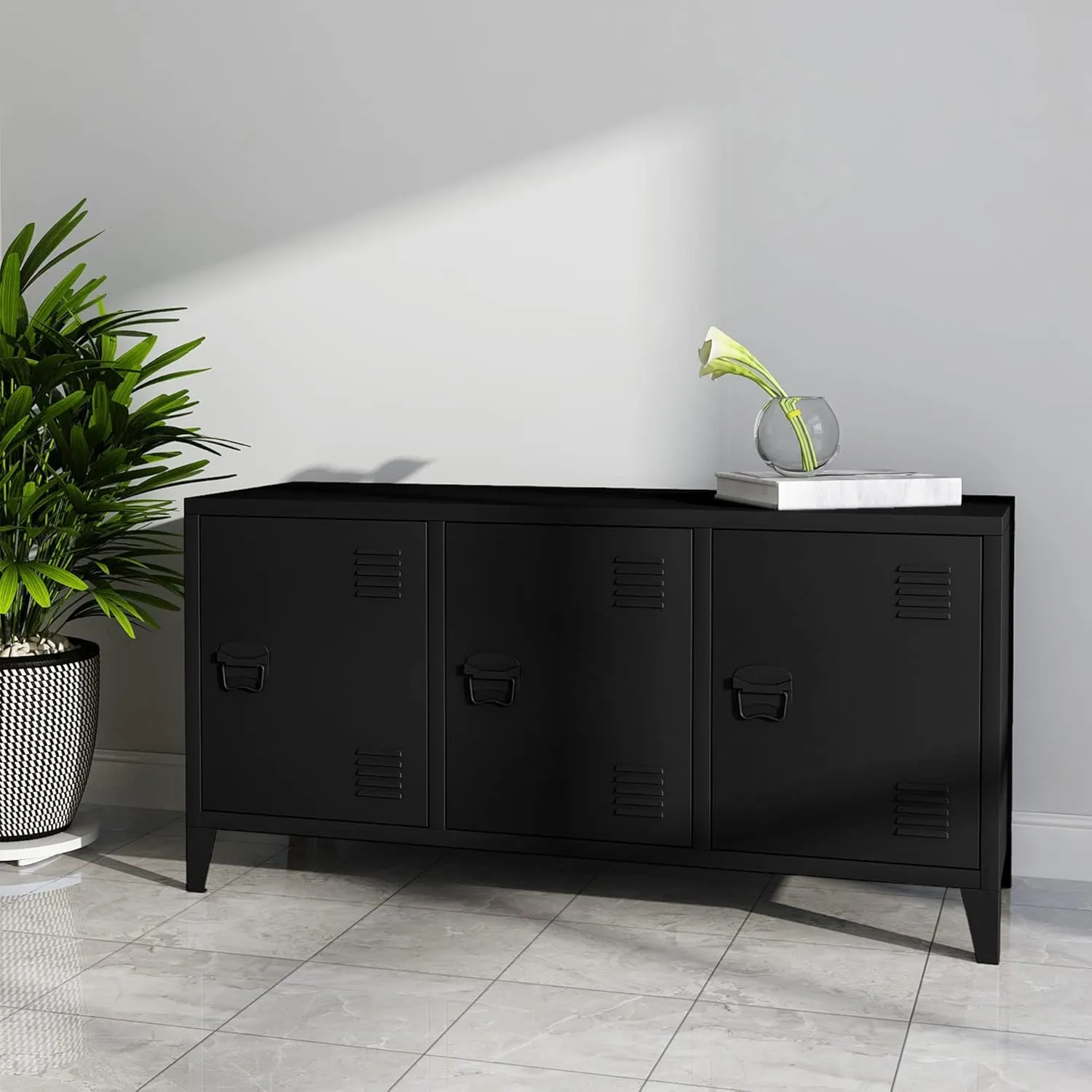 MIOCASA TV Stand Metal TV Table with Storage Steel 3 Door Locker Cabinet for Living Room (Black)