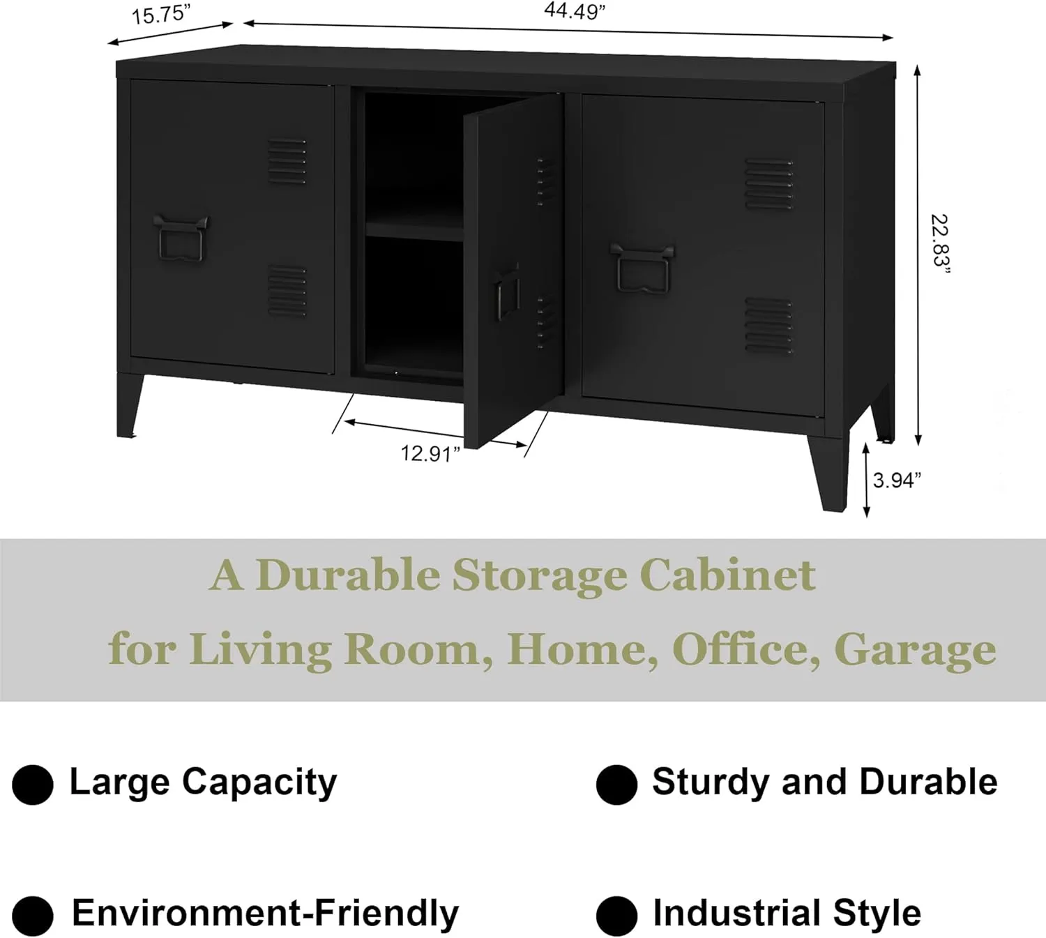 MIOCASA TV Stand Metal TV Table with Storage Steel 3 Door Locker Cabinet for Living Room (Black)