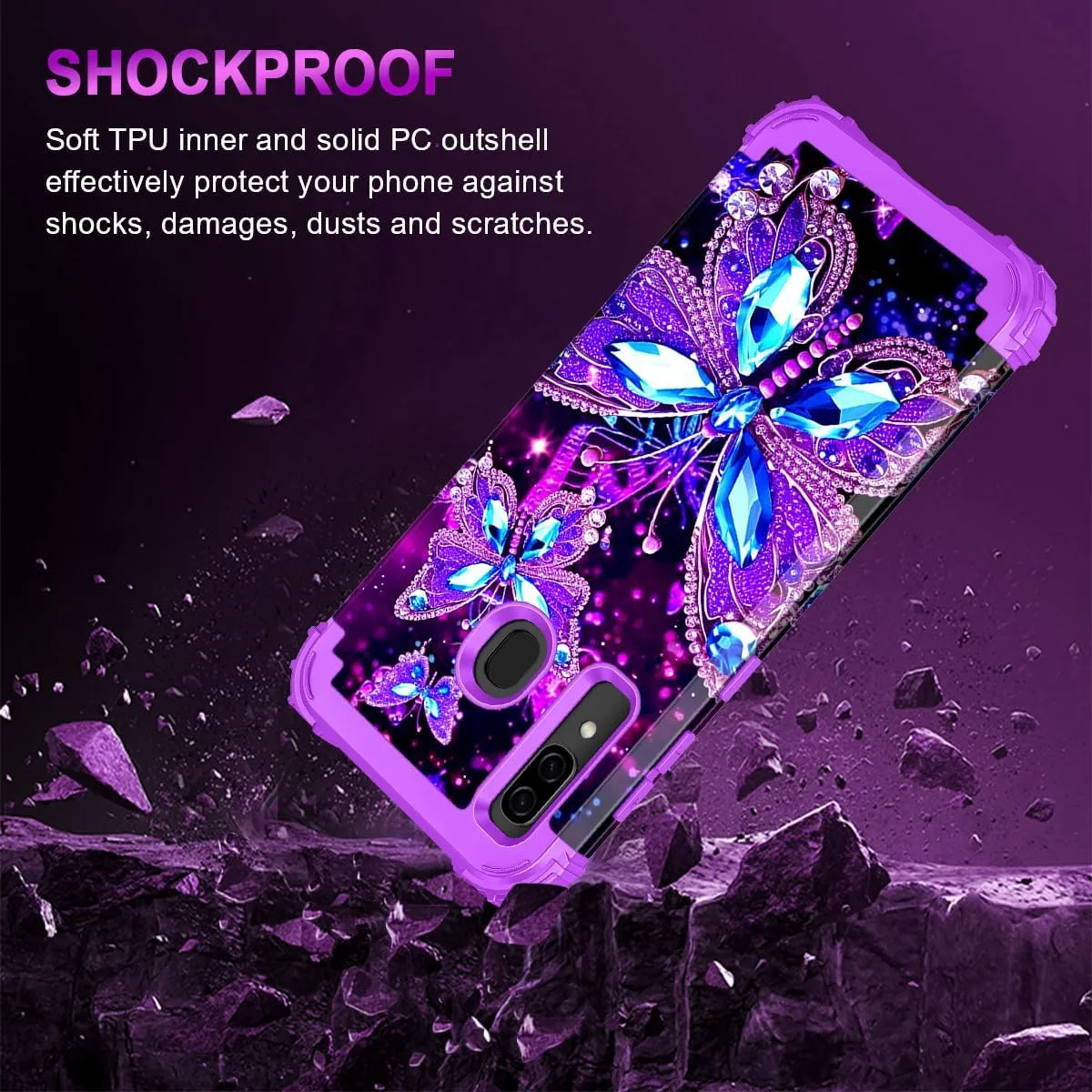 Miqala for Galaxy A20/A30/A50 Case,Glow in The Dark Three Layer Heavy Duty Shockproof Full Body Hard Plastic Bumper Soft Silicone Protective Case for Samsung Galaxy A20/A30/A50,Amaranth Dark