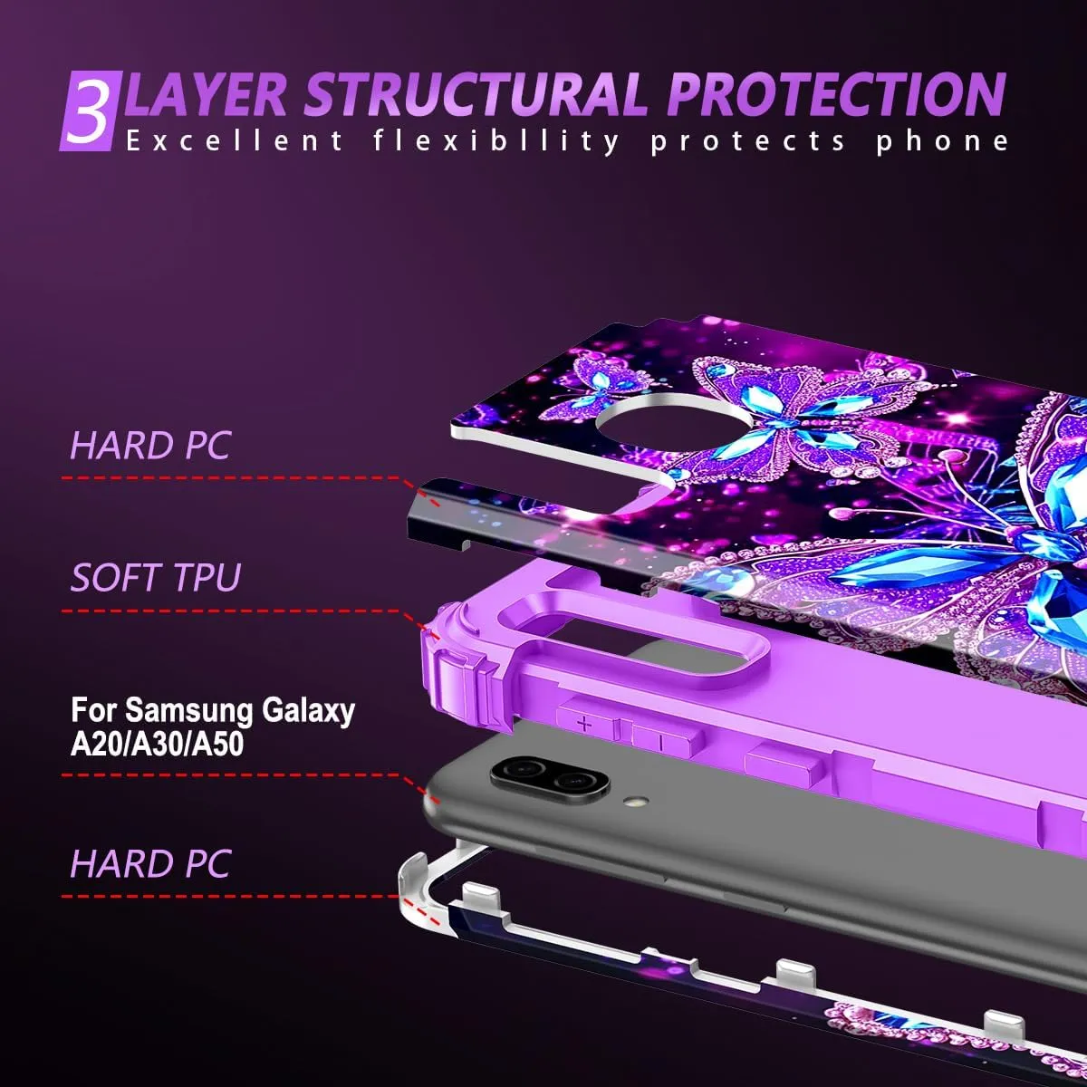 Miqala for Galaxy A20/A30/A50 Case,Glow in The Dark Three Layer Heavy Duty Shockproof Full Body Hard Plastic Bumper Soft Silicone Protective Case for Samsung Galaxy A20/A30/A50,Amaranth Dark