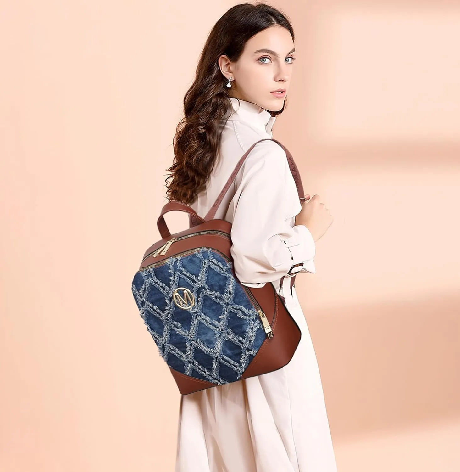 MKP Women Fashion Backpack Purse Jean Denim Handbag Anti-Theft Rucksack Travel College Shoulder Bag with Wristlet