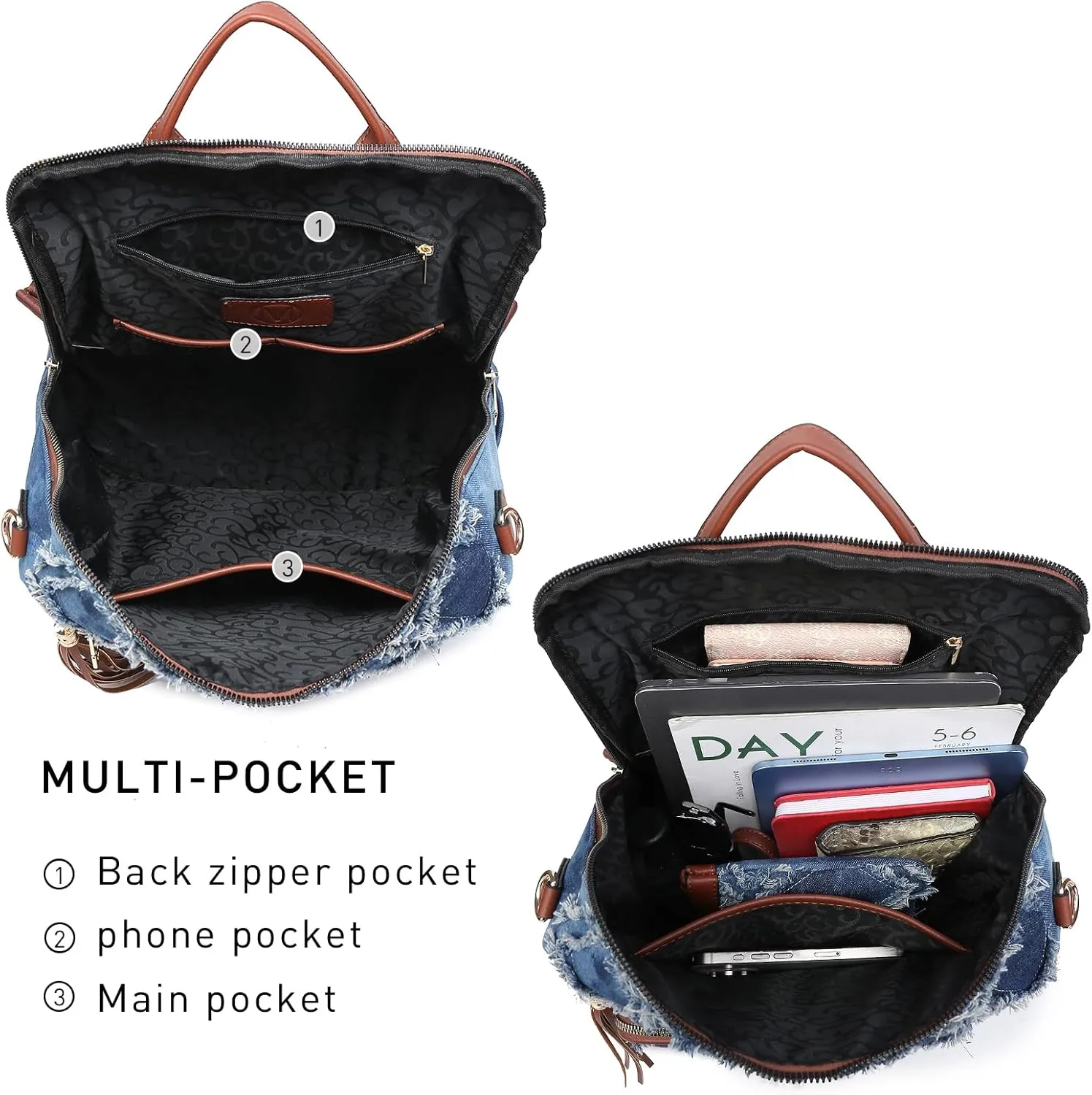 MKP Women Fashion Backpack Purse Jean Denim Handbag Anti-Theft Rucksack Travel College Shoulder Bag with Wristlet