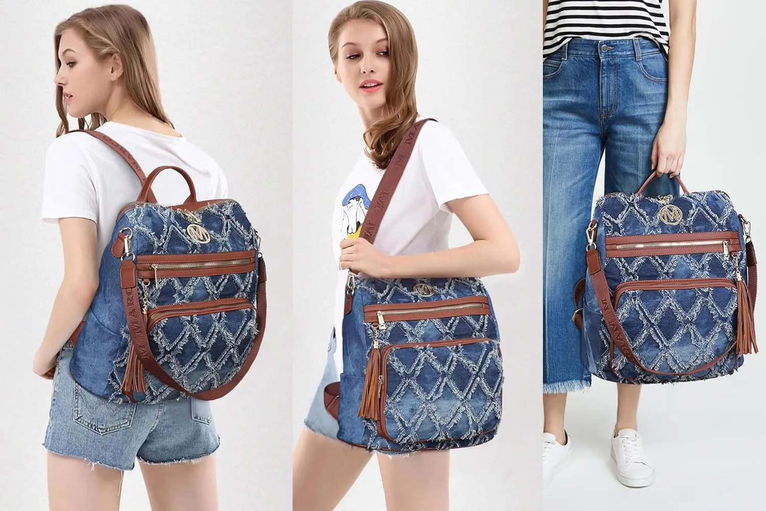 MKP Women Fashion Backpack Purse Jean Denim Handbag Anti-Theft Rucksack Travel College Shoulder Bag with Wristlet
