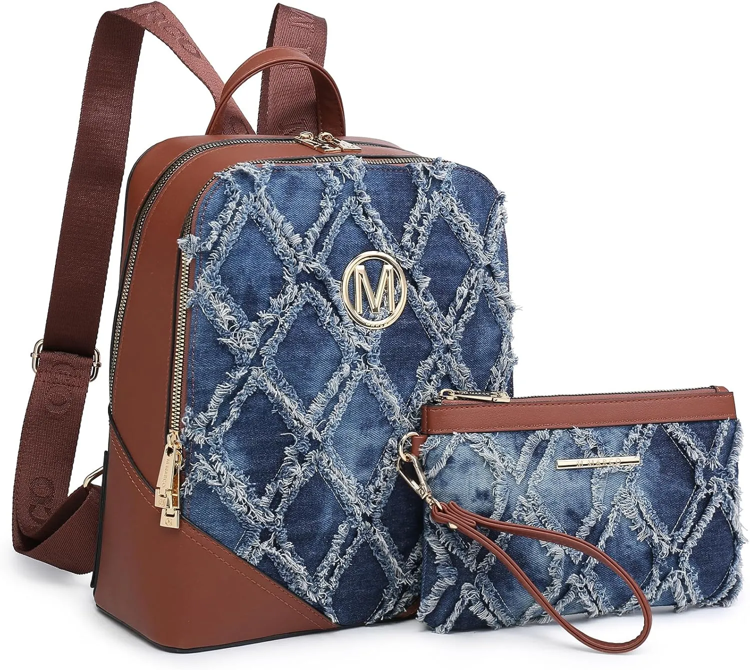 MKP Women Fashion Backpack Purse Jean Denim Handbag Anti-Theft Rucksack Travel College Shoulder Bag with Wristlet