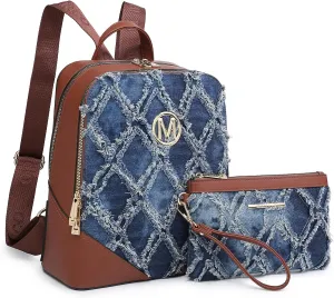 MKP Women Fashion Backpack Purse Jean Denim Handbag Anti-Theft Rucksack Travel College Shoulder Bag with Wristlet