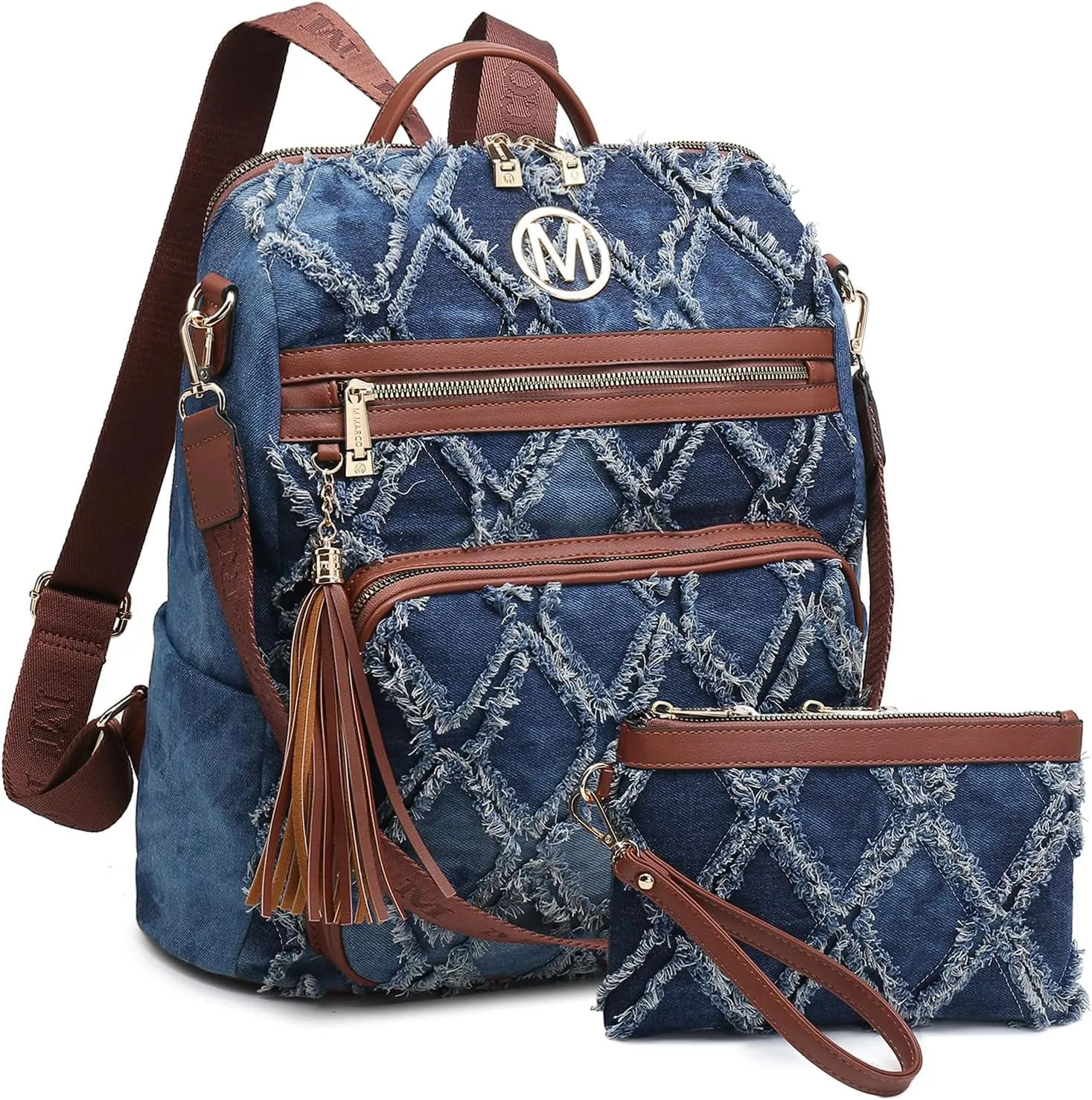 MKP Women Fashion Backpack Purse Jean Denim Handbag Anti-Theft Rucksack Travel College Shoulder Bag with Wristlet