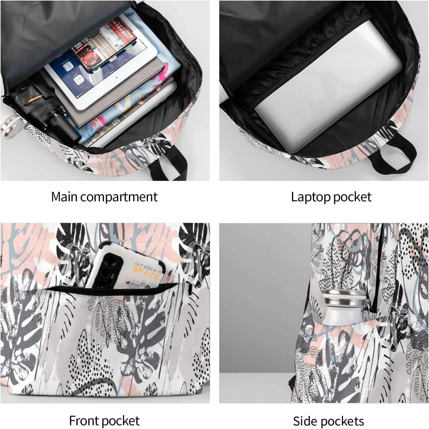 Modern Tropical Leaves Grunge Marbling Textures Doodles Geometric Laptop Backpack Shoulder Bag Laptop Pack Travel Backpacks Commuter Back Pack Casual Daypack Bags With Side Pockets