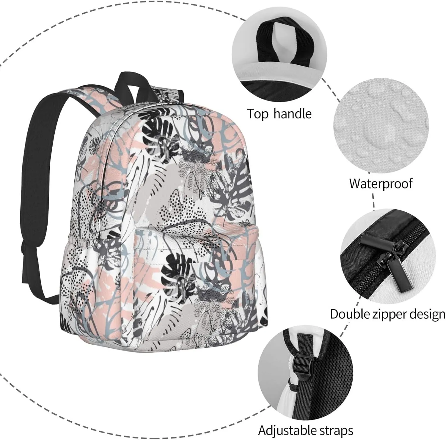 Modern Tropical Leaves Grunge Marbling Textures Doodles Geometric Laptop Backpack Shoulder Bag Laptop Pack Travel Backpacks Commuter Back Pack Casual Daypack Bags With Side Pockets