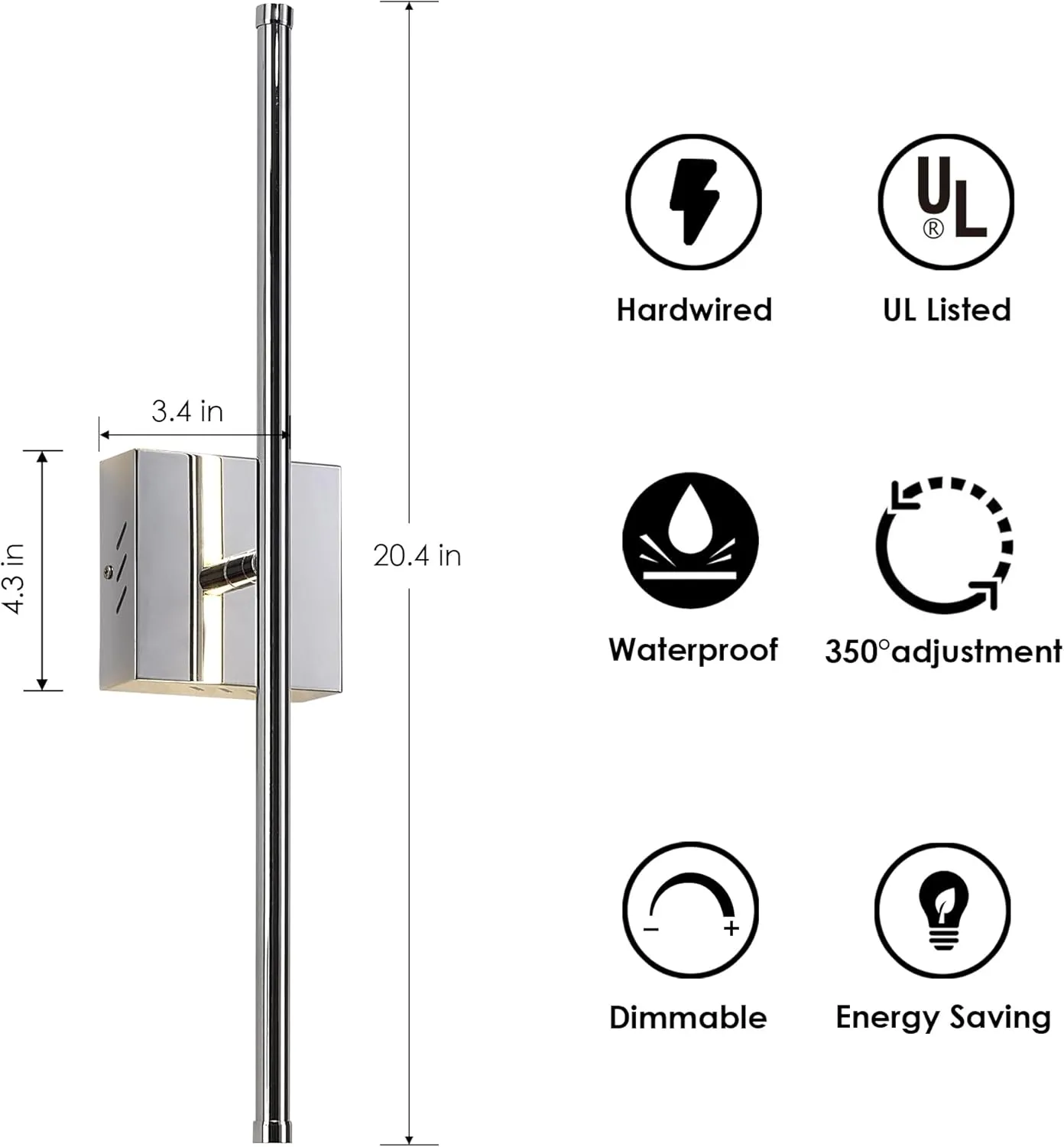 Modern Wall Sconces Set of Two, Dimmable Hardwired Wall Sconces, 350° Rotate, LED Chrome Wall Light Fixtures, 3000K Warm Light Wall Lamp for Bathroom, Living Room, 20.4 Inch (2 Pack)