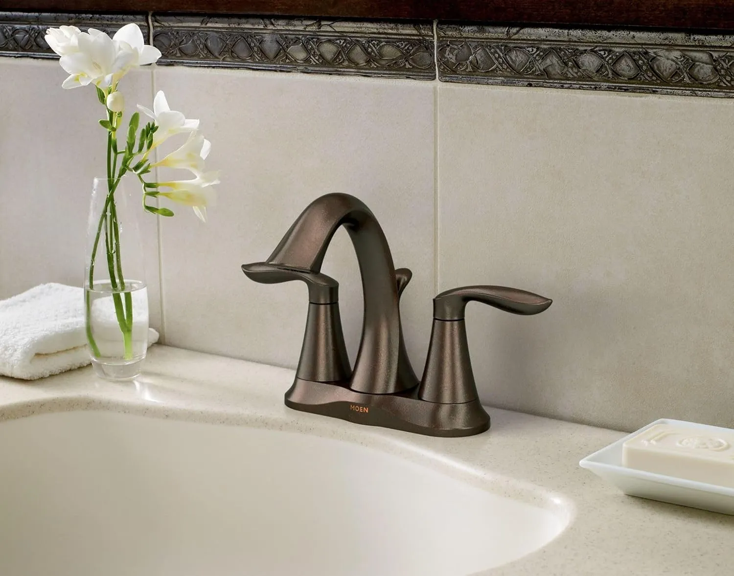 Moen Eva Oil-Rubbed Bronze Two-Handle Centerset Lavatory Faucet with Drain Assembly, Sink Faucet Bathroom 3-Hole for Standard 4-inch Countertop Setup, 6410ORB
