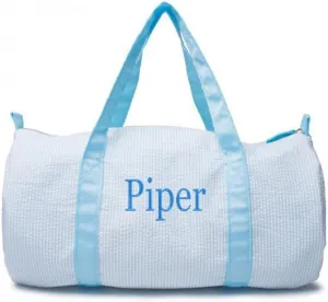Monongrammed Personalized Seersucker Duffle Barrel Bag, Preppy Children's Travel Bag, Ballet, Sports, Sleepovers, Daycare, Weekend Overnight, Light Blue