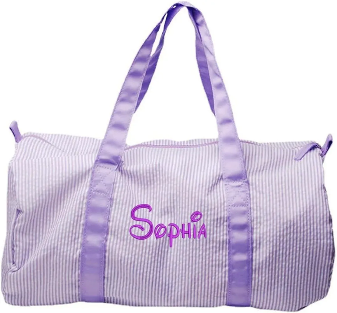 Monongrammed Personalized Seersucker Duffle Barrel Bag, Preppy Children's Travel Bag, Ballet, Sports, Sleepovers, Daycare, Weekend Overnight, Purple, Large
