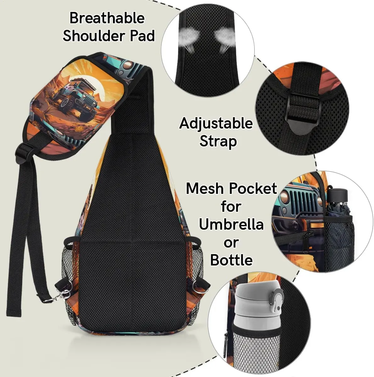 Monster Truck Car Sling Bag for Women Men, Waterproof Crossbody Sling Backpack Travel Outdoor Sports Chest Bag