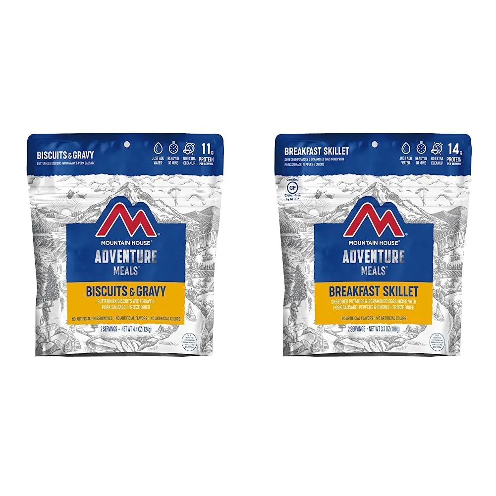 Mountain House Biscuits & Gravy and Breakfast Skillet Freeze Dried Backpacking & Camping Food Bundle (2   2 Servings)