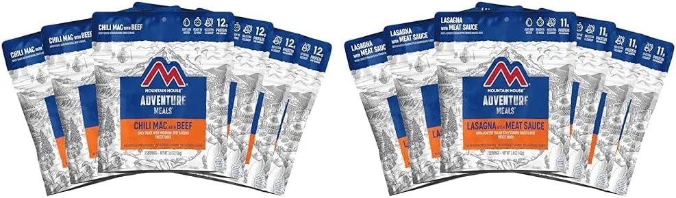 Mountain House Chili Mac with Beef & Lasagna with Meat Sauce | Freeze Dried Backpacking & Camping Food | 12-Pack