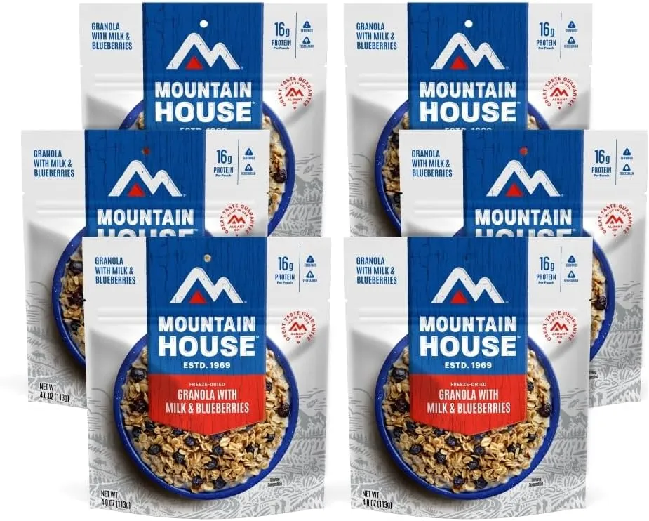 Mountain House Granola with Milk & Blueberries | Freeze Dried Backpacking & Camping Food | 6-Pack (0055450)