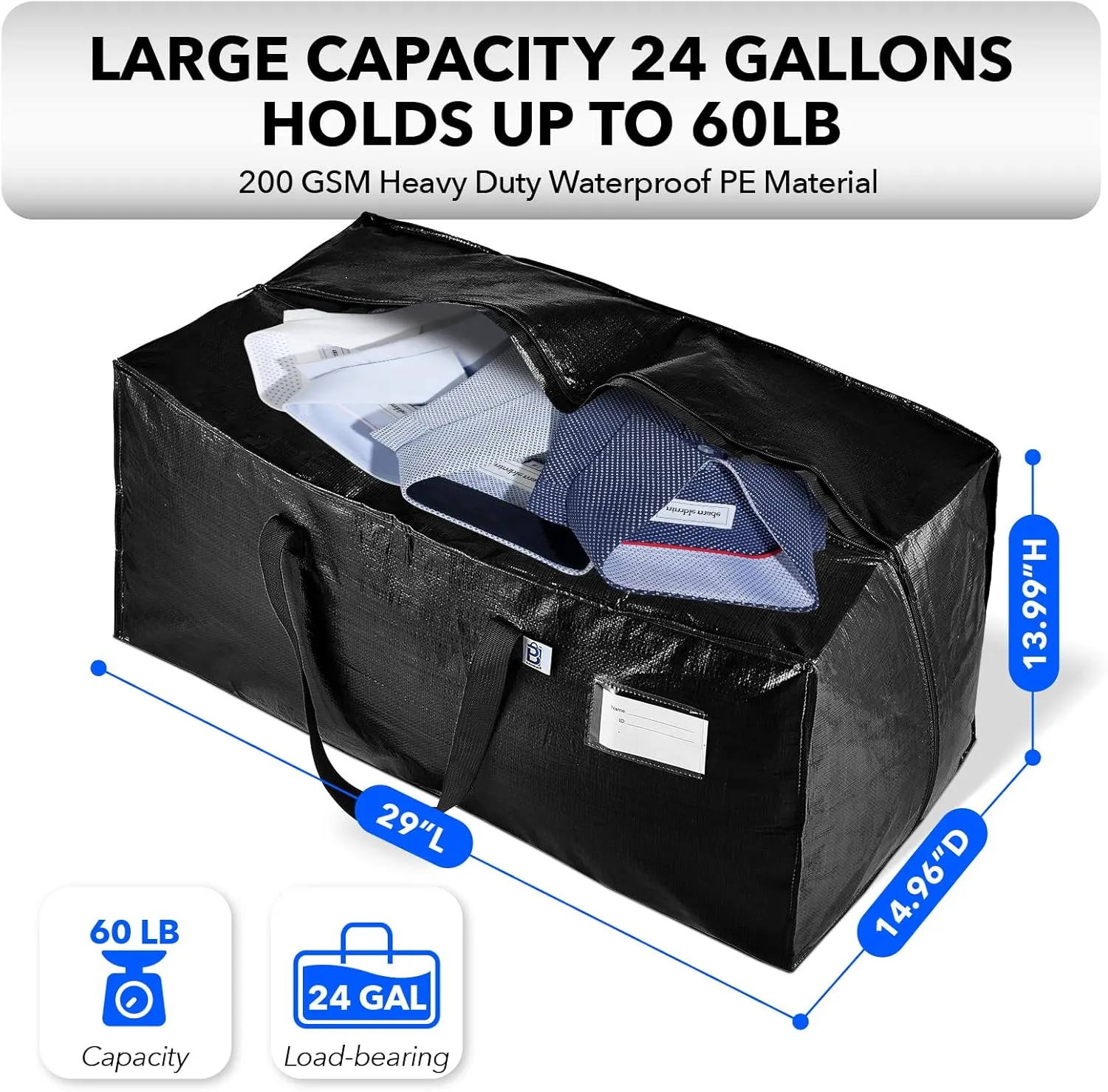 Moving Bags Heavy Duty,Extra Large Moving Bags for Travel/College Packing/Storage/Organization/Seasonal Clothes & Bedding Storage,Moving Supplies Bins,Compatible with Ikea Frakta Cart (Black,4 Pack)