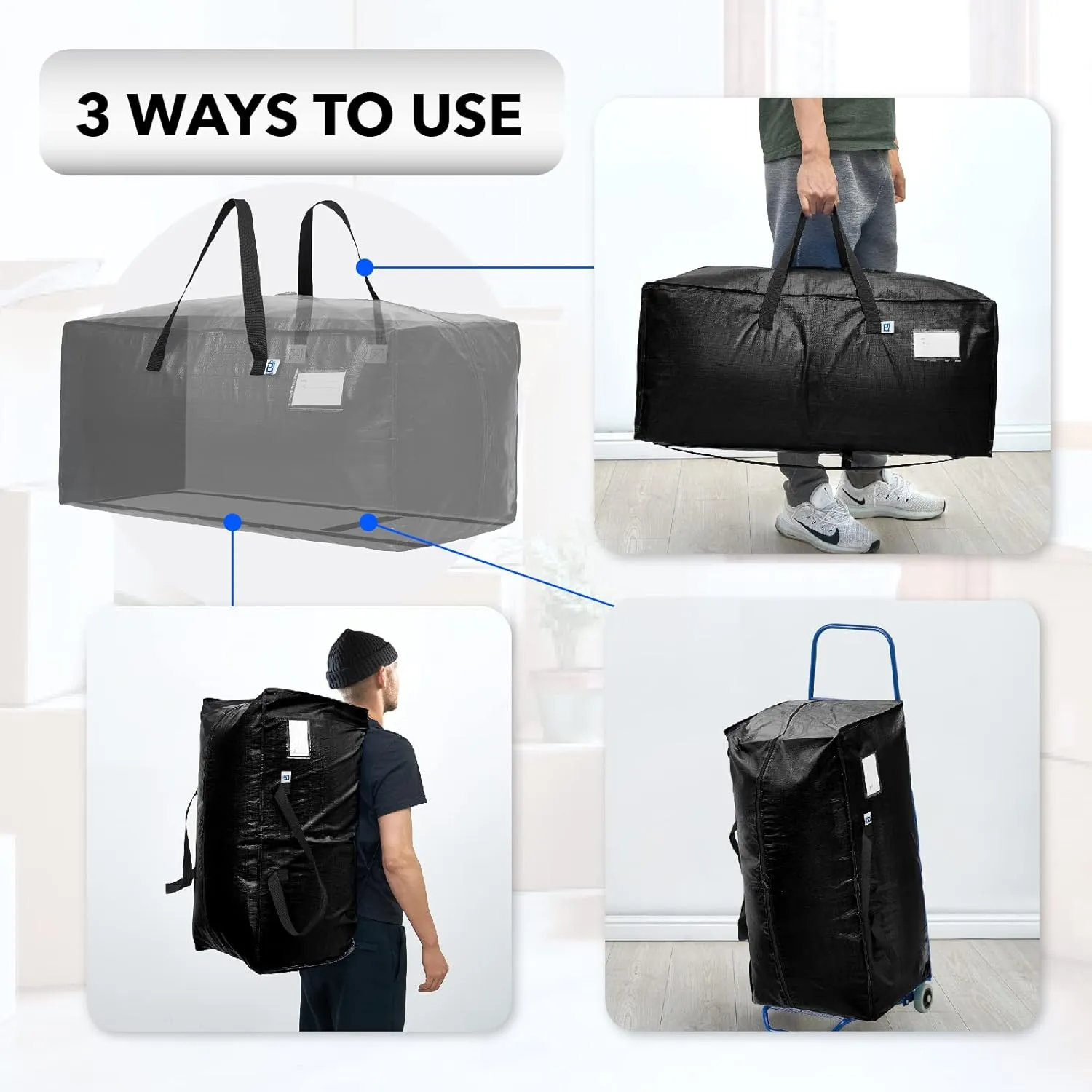 Moving Bags Heavy Duty,Extra Large Moving Bags for Travel/College Packing/Storage/Organization/Seasonal Clothes & Bedding Storage,Moving Supplies Bins,Compatible with Ikea Frakta Cart (Black,4 Pack)
