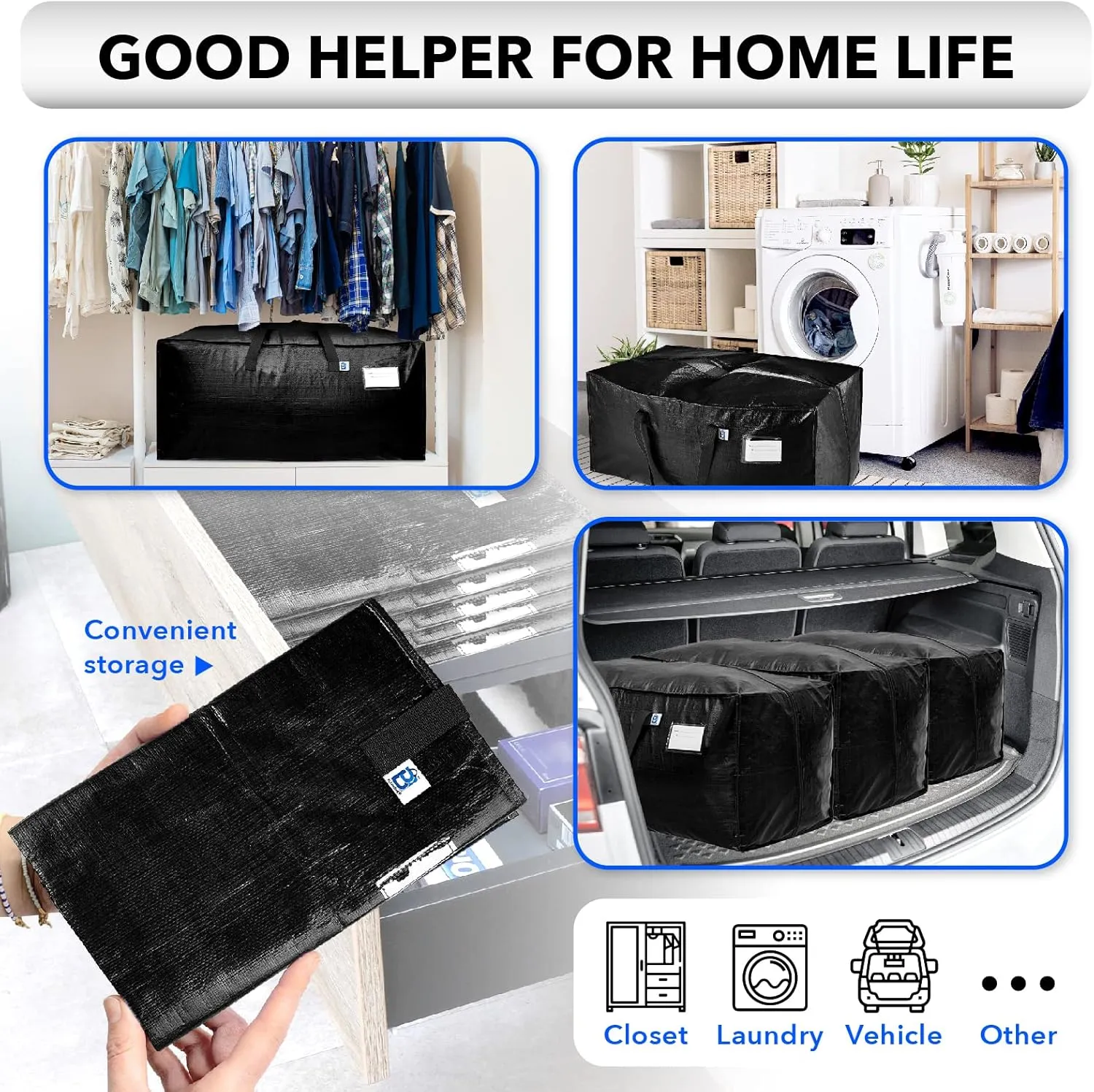 Moving Bags Heavy Duty,Extra Large Moving Bags for Travel/College Packing/Storage/Organization/Seasonal Clothes & Bedding Storage,Moving Supplies Bins,Compatible with Ikea Frakta Cart (Black,4 Pack)