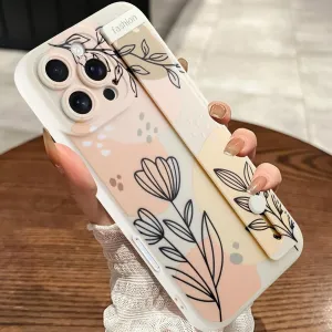 MOWIME Compatible with iPhone 16 Pro Max Case with Wrist Strap, Cute Floral Flower Shockproof Soft TPU Protective Cover for Women Girls, Slim Anti Scratch Case for iPhone 16 Pro Max 6.9 Inch, Beige