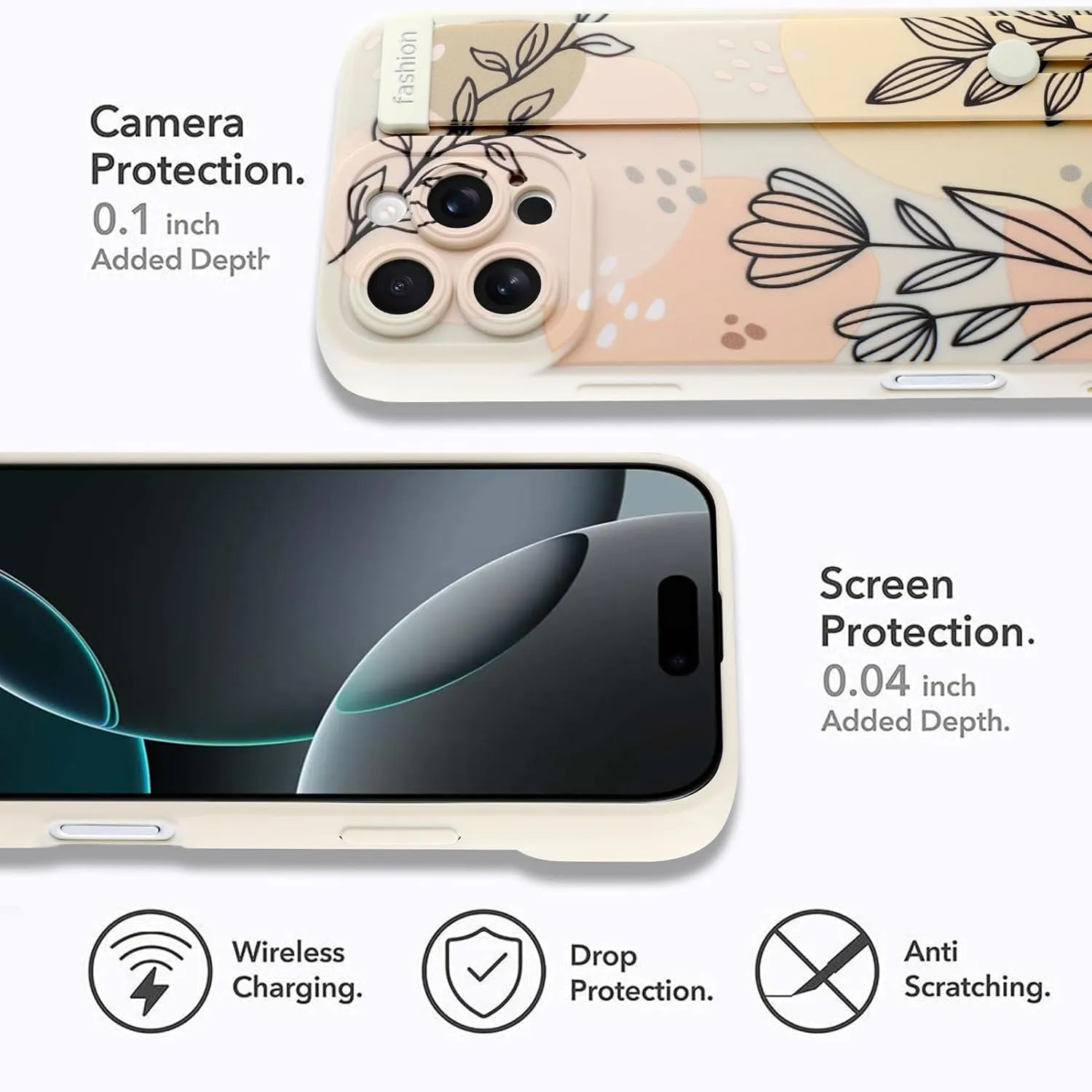 MOWIME Compatible with iPhone 16 Pro Max Case with Wrist Strap, Cute Floral Flower Shockproof Soft TPU Protective Cover for Women Girls, Slim Anti Scratch Case for iPhone 16 Pro Max 6.9 Inch, Beige