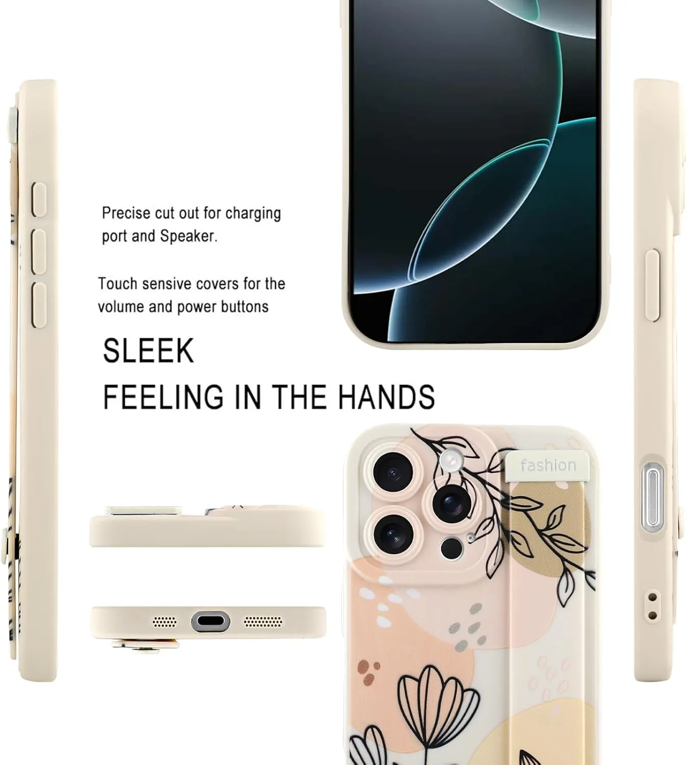MOWIME Compatible with iPhone 16 Pro Max Case with Wrist Strap, Cute Floral Flower Shockproof Soft TPU Protective Cover for Women Girls, Slim Anti Scratch Case for iPhone 16 Pro Max 6.9 Inch, Beige