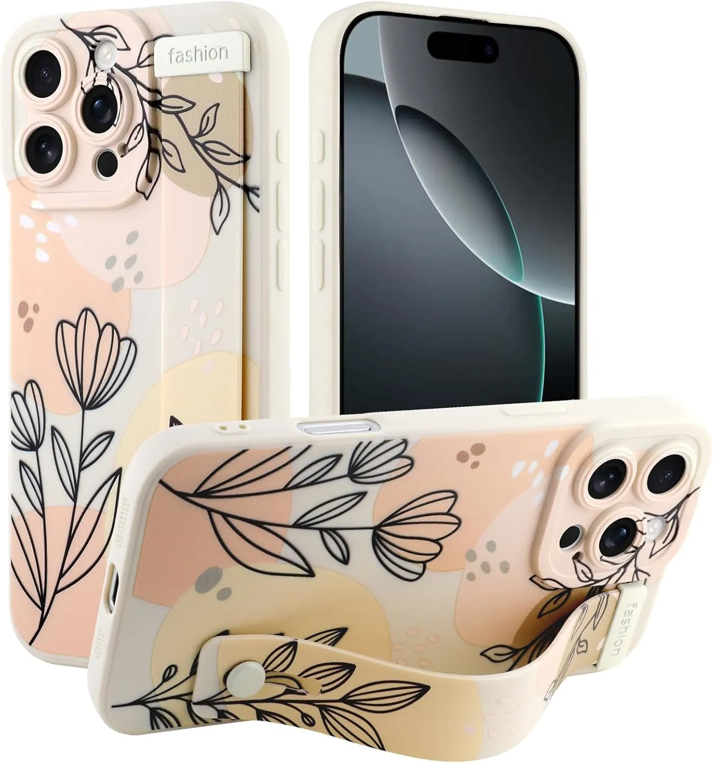 MOWIME Compatible with iPhone 16 Pro Max Case with Wrist Strap, Cute Floral Flower Shockproof Soft TPU Protective Cover for Women Girls, Slim Anti Scratch Case for iPhone 16 Pro Max 6.9 Inch, Beige