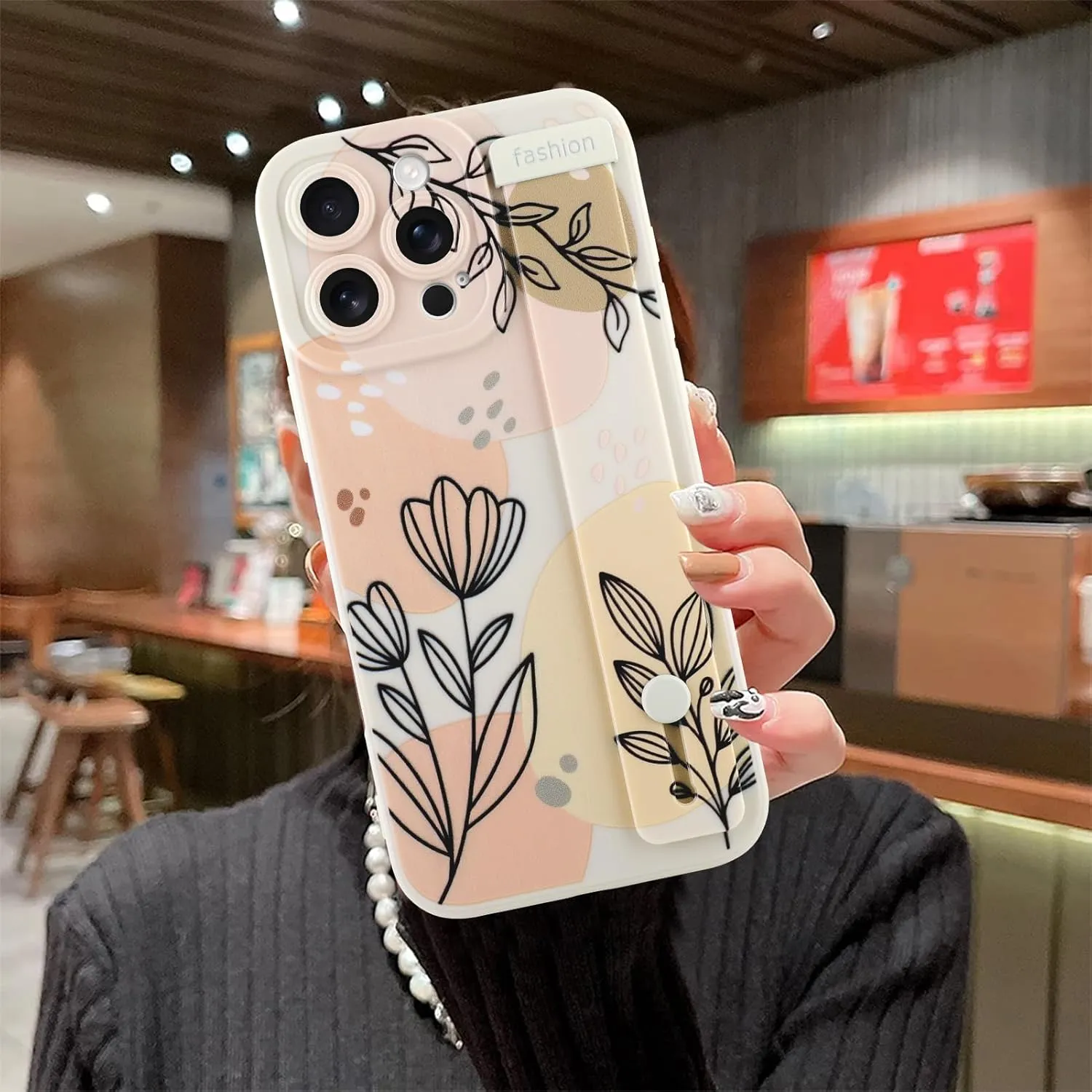 MOWIME Compatible with iPhone 16 Pro Max Case with Wrist Strap, Cute Floral Flower Shockproof Soft TPU Protective Cover for Women Girls, Slim Anti Scratch Case for iPhone 16 Pro Max 6.9 Inch, Beige