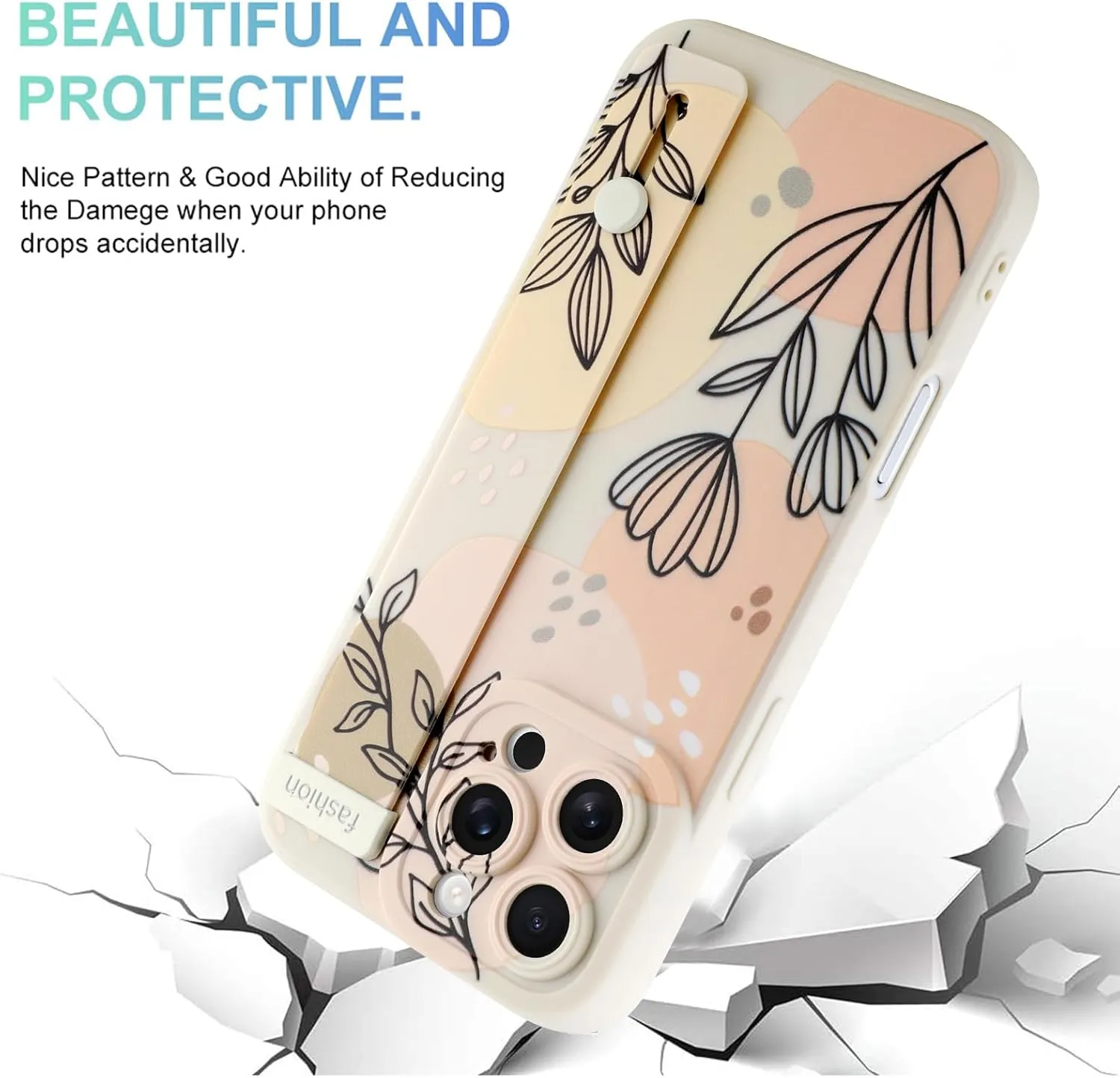 MOWIME Compatible with iPhone 16 Pro Max Case with Wrist Strap, Cute Floral Flower Shockproof Soft TPU Protective Cover for Women Girls, Slim Anti Scratch Case for iPhone 16 Pro Max 6.9 Inch, Beige